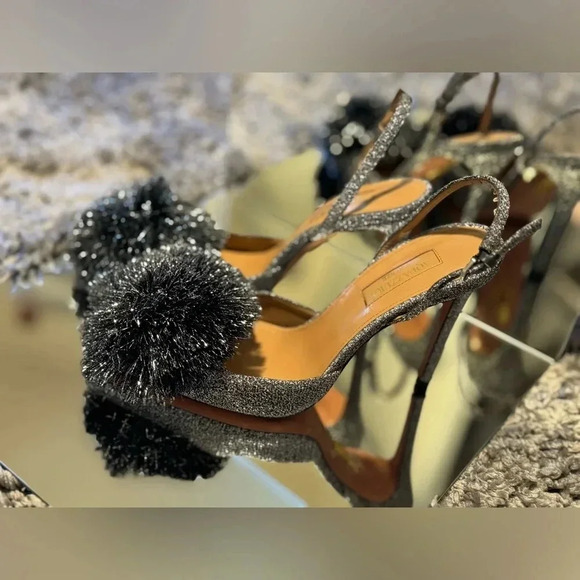 AQUAZZURA SILVER POMPOM SLINGBACK SANDALS - Picture 4 of 10